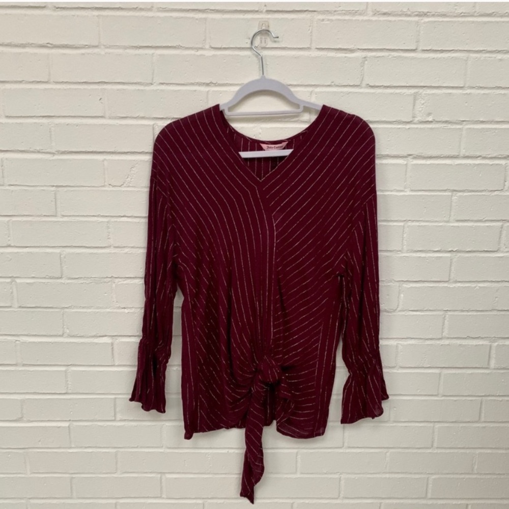 Juicy Couture Maroon Silver Striped Tie Knot Top